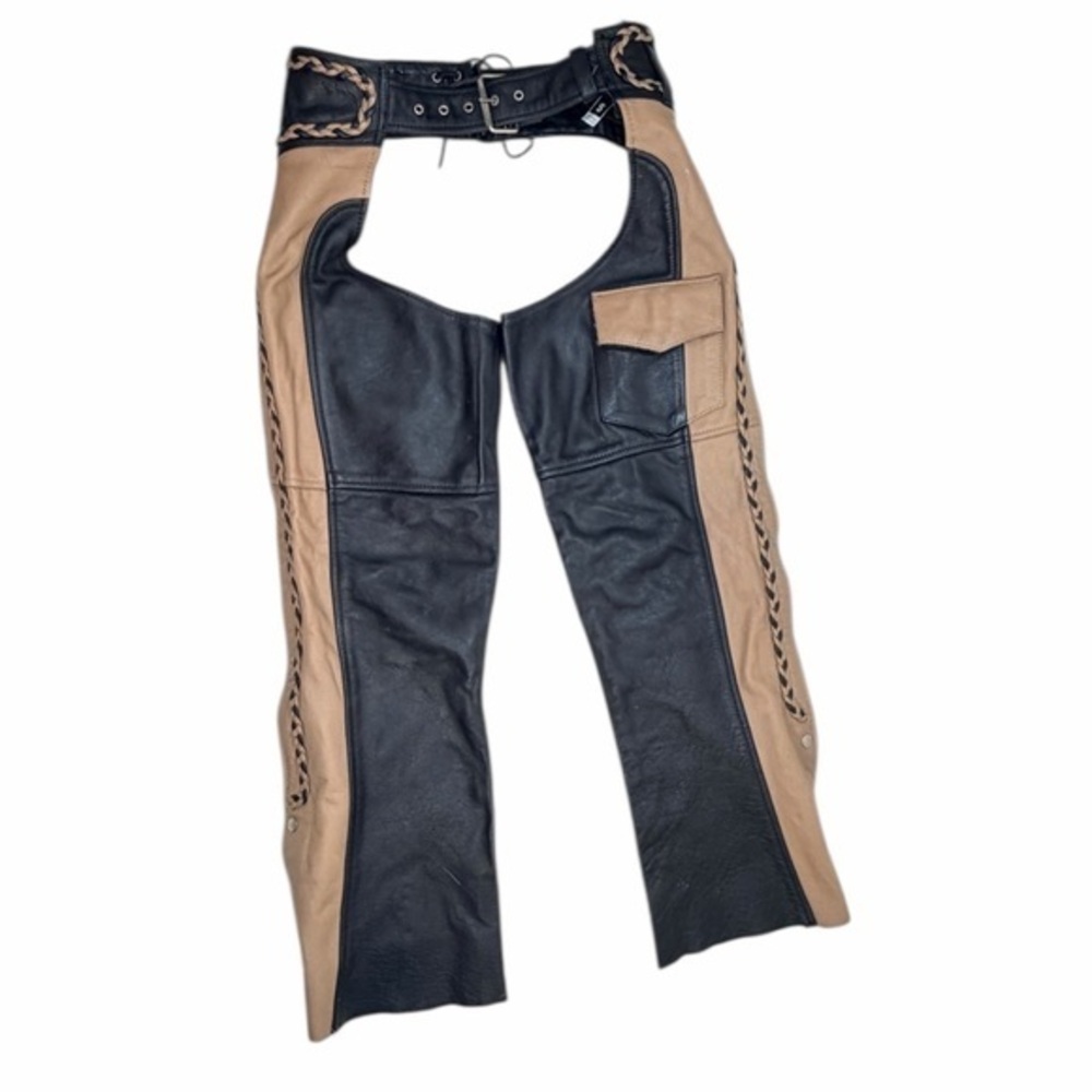 MOB Classic X4 Genuine Leather Motorcycle Riding Chaps Black and Tan Size Small